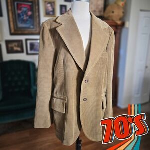 Vintage 70s Mens Tan Corduroy Blazer Jacket Made in Yugoslavia 2 Button Classic